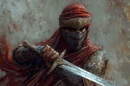 Brave Arabic muslim warrior. Islam shield medieval. Generate Ai