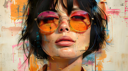 Art collage with portrait of beautiful girl with black hair and sunglasses, mixing in one picture of various parts of other images, different graphic elements, photos, phrases, drawings