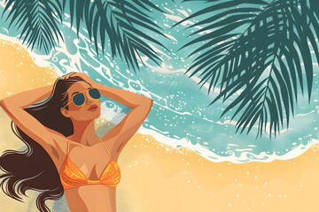 Illustration of Woman Relaxing on a Tropical Beach