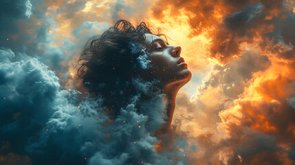 Surreal Portrait of Woman Merging with Dramatic Sky