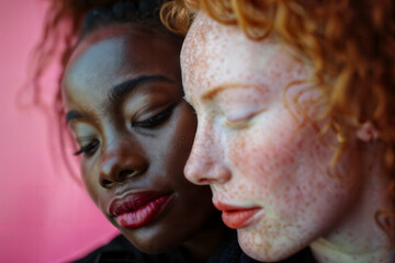 Intimate Studio Portrait of Interracial Women Couple Embracing