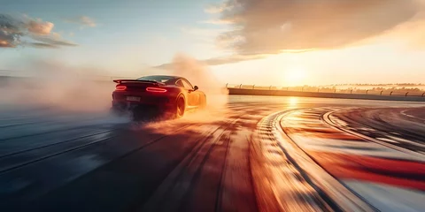 Fotobehang Race car drifting on track with smoking wheels and flare effect. Concept Car Racing, Drifting, Smoke Effect, Flare, Speed Demon © Ян Заболотний