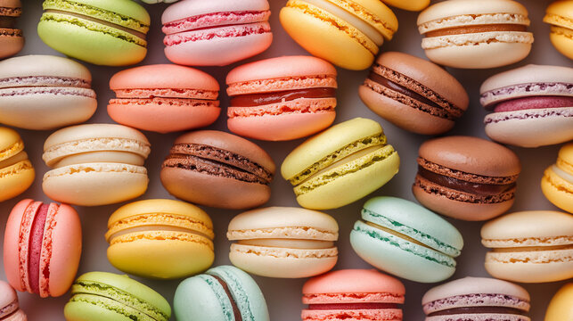 Full frame image of many colorful French macaroons from directly above. banner, background