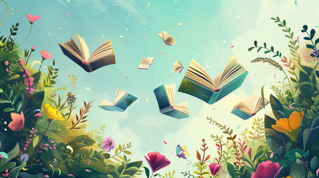 Books for Spring: Various books are flying through a typical blossoming spring landscape