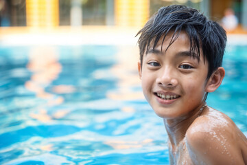 Smiling Boy Enjoying Summer Day in Outdoor Swimming Pool