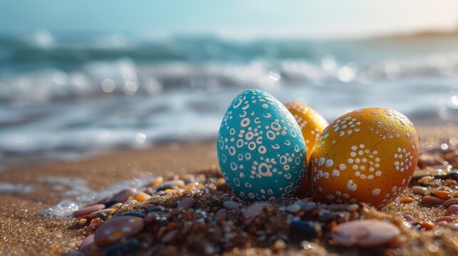 Easter eggs resting on a beach. 