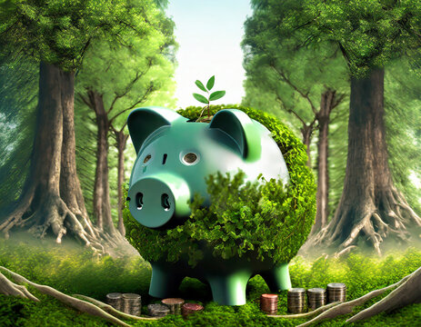 Ein Sparschwein f&uuml;r staatliche F&ouml;rderung sieht den Wald vor B&auml;umen nicht, Klimawandel, energetisches Bauen, F&ouml;rderung nachhaltiges Bauen