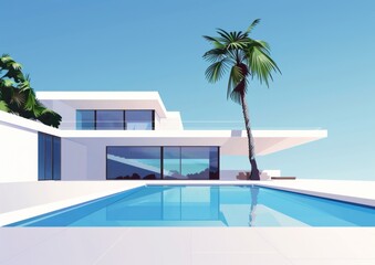 White modern mansion with blue pool, palm tree in background, vector art minimalism , generated with AI