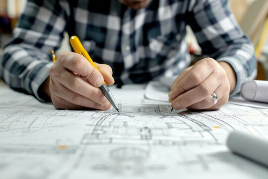 Intricate Architect draw building plans. Man construction plan project working. Generate Ai