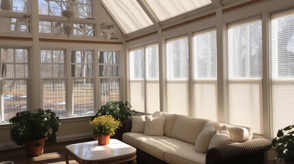Sunroom fitted with concealed motorized UV window shades.