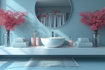 Bathroom with mirror, towels, pink flowers, and sink in a real estate property