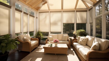 Sunroom fitted with concealed motorized UV window shades.