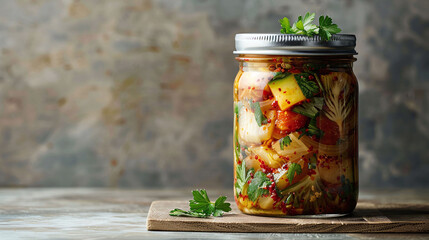 Kimchi in a mason jar garnished with fresh parsley on a rustic wooden table. Side view food preservation photography with a textured backdrop. Traditional Korean fermented food concept for culinary ar - obrazy, fototapety, plakaty