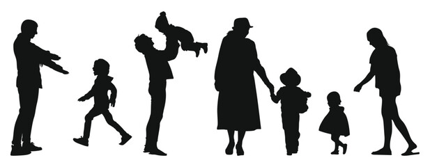 A mother and child holding hands walking together silhouette black filled vector Illustration icon. Set of Mother's and Child silhouette. Family parent and childs silhouettes set. children silhouette - obrazy, fototapety, plakaty