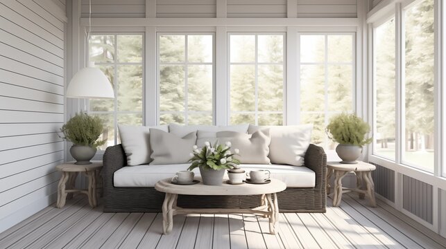 Sunroom in bright white shiplap and matte charcoal gray furnishings.
