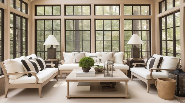 Sunroom in bleached oak and pale whites with matte black metal trim.