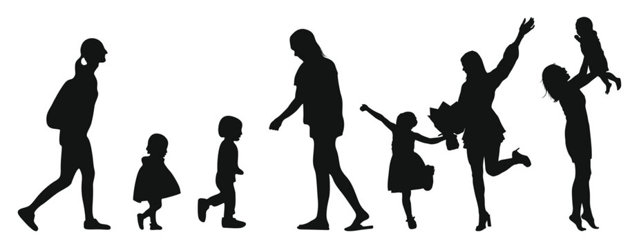 A mother and child holding hands walking together silhouette black filled vector Illustration icon. Set of Mother's and Child silhouette. Family parent and childs silhouettes set. children silhouette