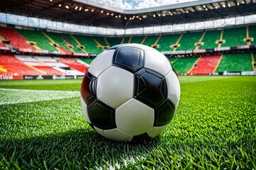 A soccer ball is on a field in front of a stadium