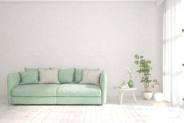 White living room with sofa. Scandinavian interior design. 3D illustration