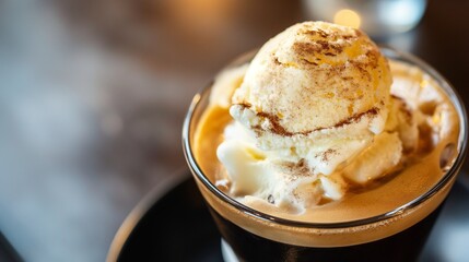 A close-up shot of a creamy affogato, capturing the moment when rich espresso meets velvety vanilla ice cream, creating a harmonious explosion of taste.
