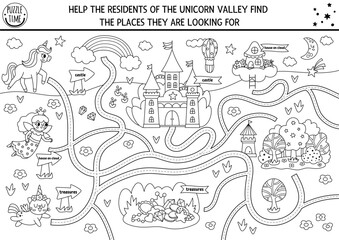 Naklejka premium Vector handwriting and maze worksheet with unicorn, fairy, cat looking for their homes. Fantasy printable black and white tracing activity for kids. Magic world map coloring page.