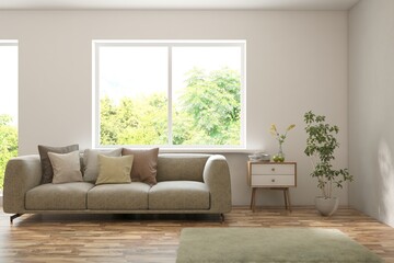 Fototapeta premium White living room with sofa and summer landscape in window. Scandinavian interior design. 3D illustration