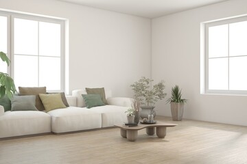 White living room with sofa. Scandinavian interior design. 3D illustration