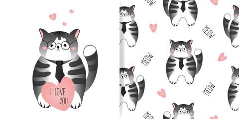 Set of card and seamless pattern with grey striped cat on white background. Vector illustration for children, fabric.