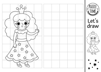 Draw the fairy. Vector Fairytale drawing practice worksheet with cute princess. Magic printable black and white activity for kids. Fantasy copy or complete the picture coloring page with little girl .