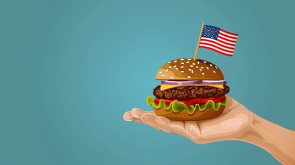 Hand holding a deliciously layered burger with an embedded mini US flag - obrazy, fototapety, plakaty