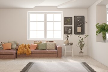 White modern interior design with sofa. Scandinavian interior design. 3D illustration