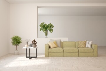 White scandinavian interior design with sofa. 3D illustration