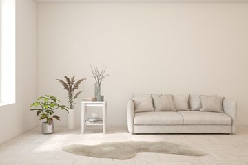 White modern interior design with sofa. Scandinavian interior design. 3D illustration