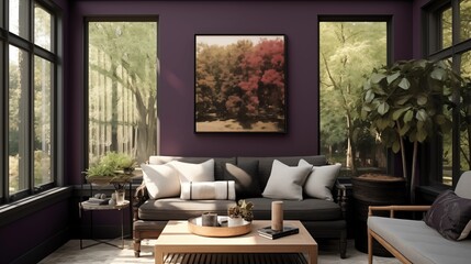 Sunroom in deep shades of plum, eggplant and charcoal gray.