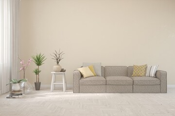White scandinavian interior design with sofa. 3D illustration
