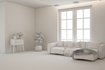 White living room concept with sofa. 3D illustration