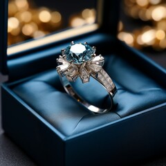 Beautiful diamond wedding ring in a blue velvet box. Golden engagement ring with a big diamond sitting in the ring box. Diamond ring with beautiful patterns and small diamonds. Unique design, jewelry