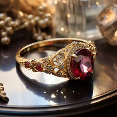 Beautiful ruby ring lying on the table. Red ruby cocktail ring with small diamonds, yellow gold and beautiful patterns. Ruby ring with a unique special design, high jewelry luxury expensive bijouterie - 760803191