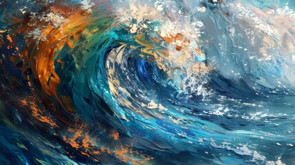 An energetic abstract composition representing a tidal wave, created with dynamic oil paint strokes. - obrazy, fototapety, plakaty