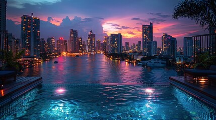 Fototapeta premium Swimming Pool With City Skyline in the Background
