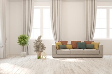 White living room with sofa. Scandinavian interior design. 3D illustration