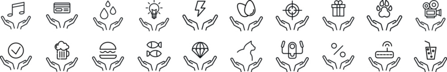 Obraz premium Set of line icons of items over hands. Editable stroke. Simple outline sign for web sites, newspapers, articles book