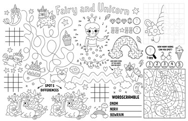 Vector unicorn placemat for kids. Fairytale printable activity mat with maze, tic tac toe, connect the dots, find difference. Black and white play mat, coloring page with fairy, rainbow, princess