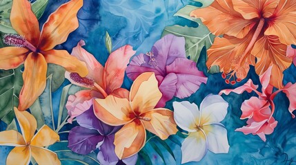 A collection of tropical flowers, vividly rendered in watercolor, suggesting an exotic and vibrant paradise.