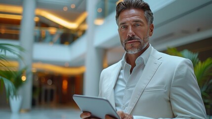 Naklejka premium Man in Suit Analyzing Tablet