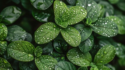 Fresh Green Leaves Covered in Water Drops - obrazy, fototapety, plakaty