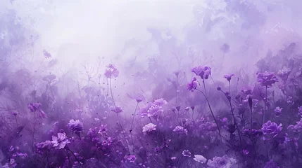 Poster A dreamy landscape of purple watercolor flowers, blending softly into a misty background, evoking a sense of mystery and enchantment. © furyon