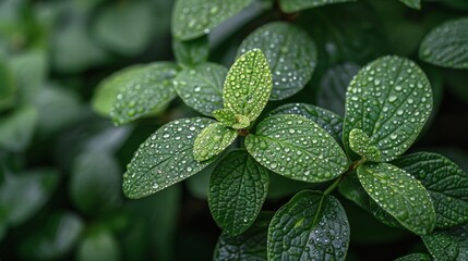 Fresh Green Leaves Covered in Water Drops - 760803786