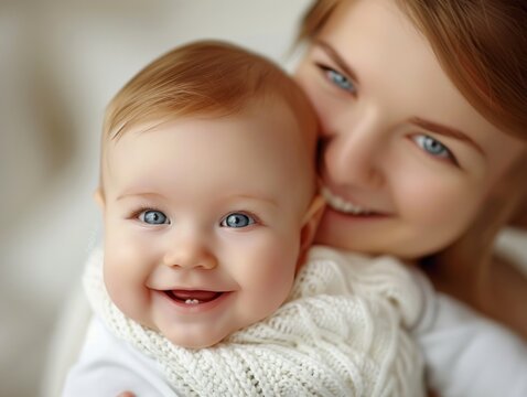 A young woman with her baby snuggled close to her chest, both of their faces are alight with joy