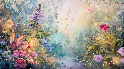 A magical watercolor fairy garden, filled with whimsical flowers and tiny lights, inspiring wonder and imagination. - obrazy, fototapety, plakaty